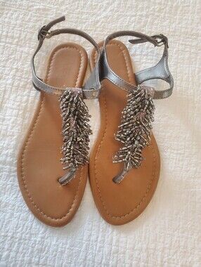 Madeline Stuart Metallic Silver Beaded T-Strap Sandals